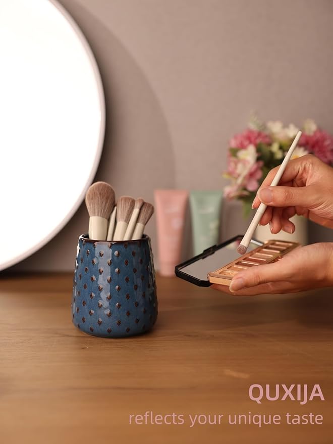 QUXIJA Ceramic Makeup Brush Holders, Farmhouse Bathroom Vanity and Countertop, Brushes Cup for Bathroom Cosmetics, Lipsticks, Vanity Desktop Storage (Vintage Blue)