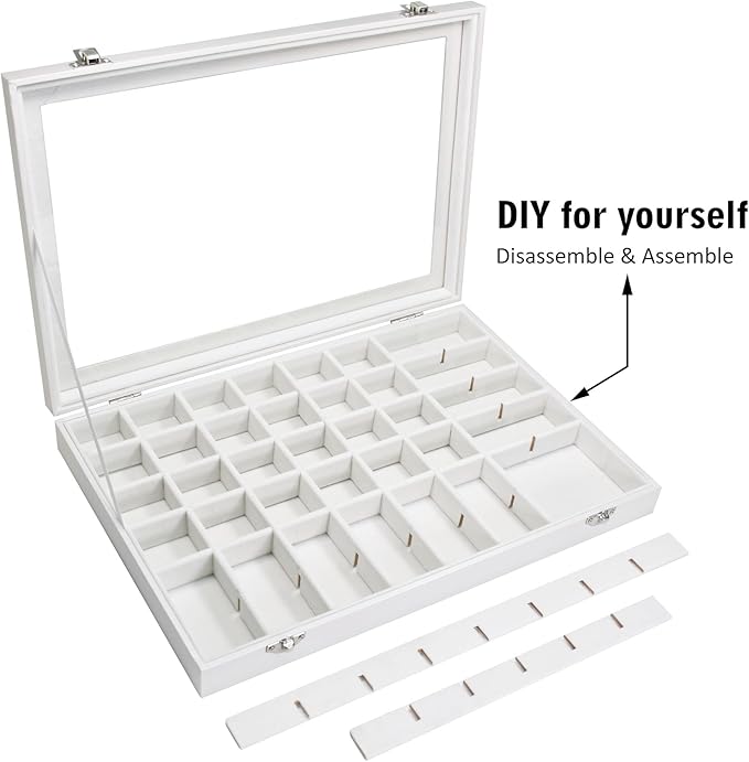 Siveit Jewelry Tray Organizer Box 48 Grid Jewelry Display Organizer Box with Transparent Lid Rings Earrings Necklaces Pendants Display Box Suitable for Women and Girls (48 Grid, White)