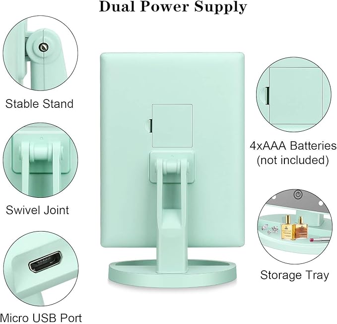 Flymiro Tri-fold Lighted Vanity Makeup Mirror with 3x/2x Magnification,21 LEDs Light and Touch Screen,180 Degree Free Rotation Countertop Cosmetic Mirror,Travel (Green)