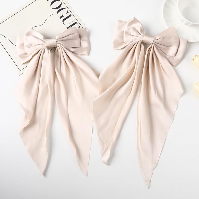 2PCS Big Hair Bow Clips for Women Girls – Rose Satin Ribbon Bow Barrettes with Long Tails, Large Romantic Hair Accessories for Ponytail, Wedding & Gift