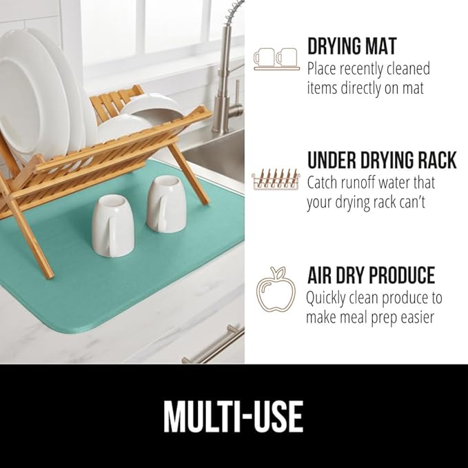 GORILLA GRIP Ultra Water Absorbent Microfiber Dish Drying Mat, 18x24, Quick Dry Thick Mesh, Slip Resistant Pad for Sink Dishes or Under Rack, Kitchen Counter Accessories, Machine Wash Mats, Mint