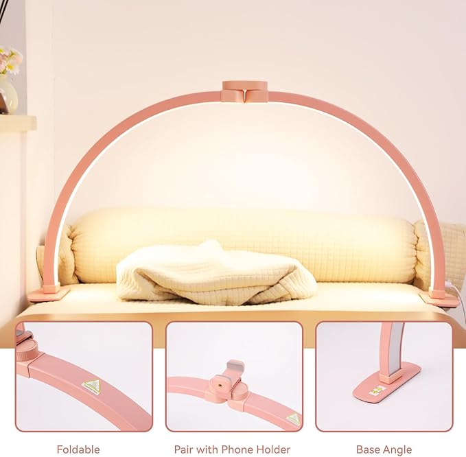 Foldable Large Half Moon LED Light for Table Nail Desk with Phone Stand, Upgrade Arch Light for Nail Techs with Wire Controller for Manicure Tattoo Beauty (Pink,Large)