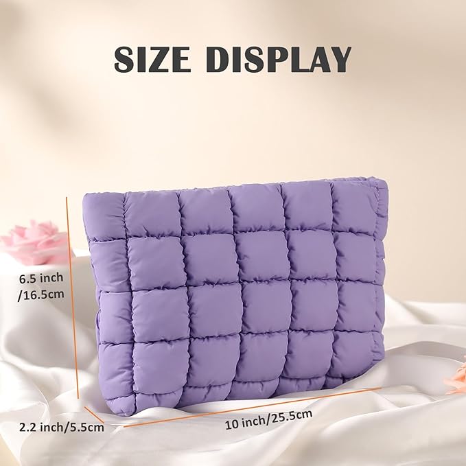 Puffy Quilted Makeup Bag for Women, Cosmetic Bag, Travel Toiletry Organizer Pouch Clutch (purple)