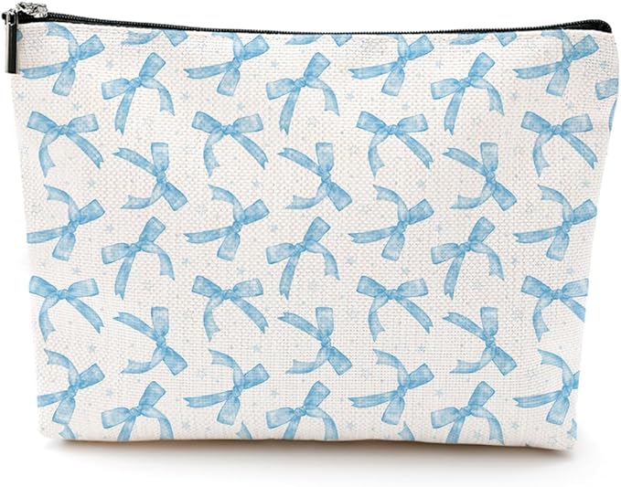 Coquette Makeup Bag Trendy Teen Girls Gifts Blue Bow Pouch Bag Gift for Women Aesthetic Cosmetic Bag Preppy Stuff Trendy Preppy Makeup Bag Funky Zipper Travel Toiletry Bag