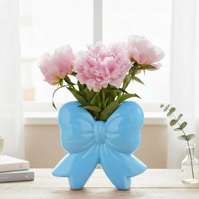Bow Vase Coquette Ceramic Vase Pen Holder Makeup Brush Holder Contemporary Design Decorative Women Gift for Christmas Home Office Shelf Table Room(Blue,Small,Classic)