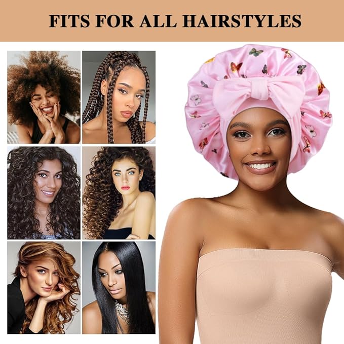 2+3 Large Satin Bonnets with Scrunchies for Women, Hair Bonnet Sleeping Tie Bonnet for Braids Curly Hair