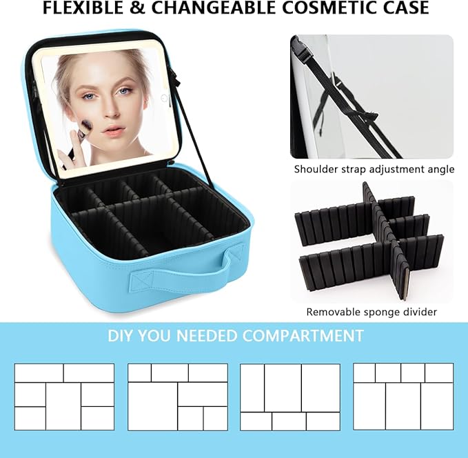 Travel Makeup Bag for Makeup Artists Large Makeup Case,with Mirror 3 Color Setting and Detachable 10x Magnifying Mirror Travel Makeup Bag,Portable Storage and Adjustable Dividers（blue）