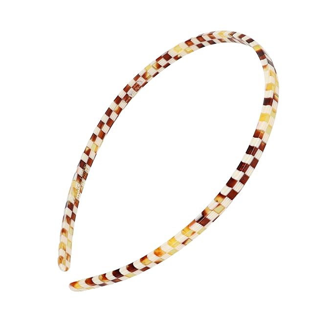 Thin Headband for Women, 1/4" Ultracomfort Headband, Checkered Tortoise Brown, Flexible Fit with No Slip Gentle Teeth, All-Day Hold | France Luxe