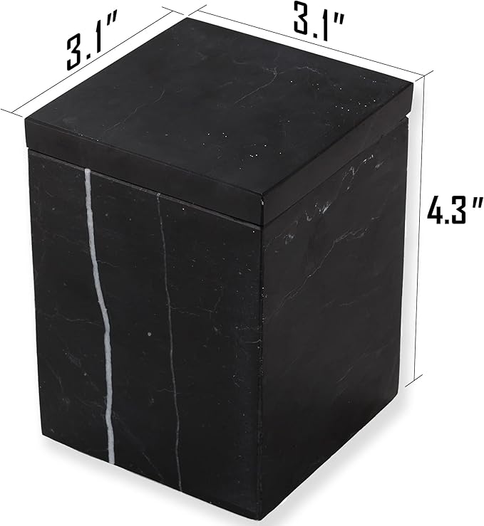 WORHE Marble Canister Natural Stone Qtip Holder with Lid Square Bathroom Vanity Organizer for Makeup Sponge Coffee Bean Dispenser Storage Jar Case for Home Decor Black (DLB202)