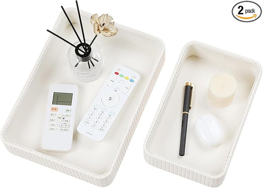 2 Pack Nightstand Organizer Tray, Decorative Perfume Valet Tray Trinket Dish Catch All Purse Key Bowl, PU Leather Coffee Table Trays for Vanity Dresser Bedside Bathroom Countertop (Ivory)
