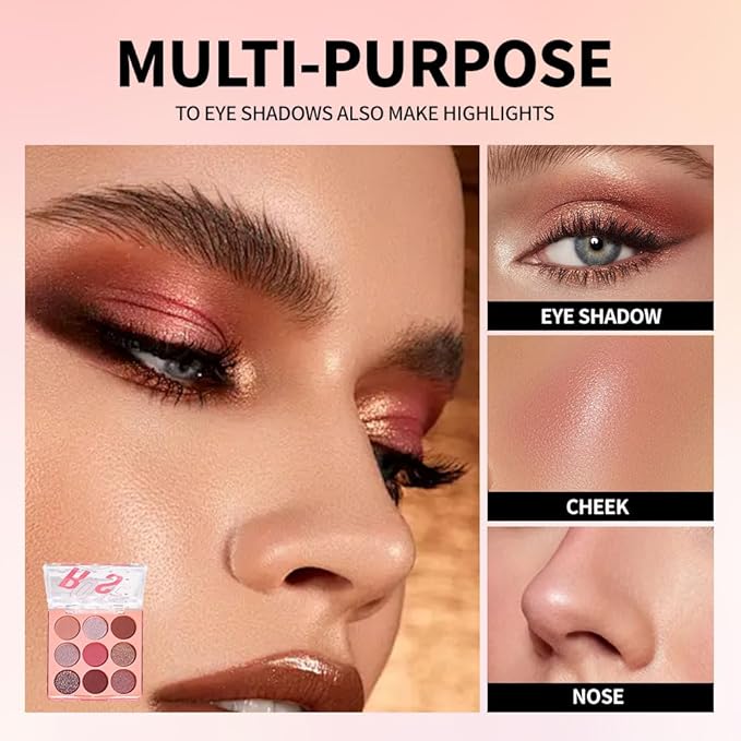 High Pigment 9-Color Rose Nude Brown Eyeshadow Palette–Matte, Shimmer & Glitter Shades Eye Shadow Kit,Long-Lasting Warm Neutrals for Soft Glam&Daily Wear,Blendable Travel-Friendly-Mauve Pink Burgundy