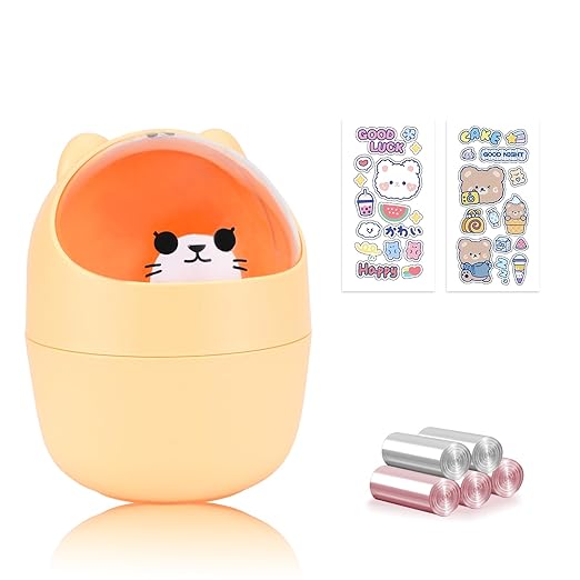 Cute Desktop Tiny Trash Can with Flip Lid, Creative Kawaii Bear Mini Wastebasket, Portable Countertop Dustbin for Office Kitchen Vanity Tabletop Bedroom (Yellow)