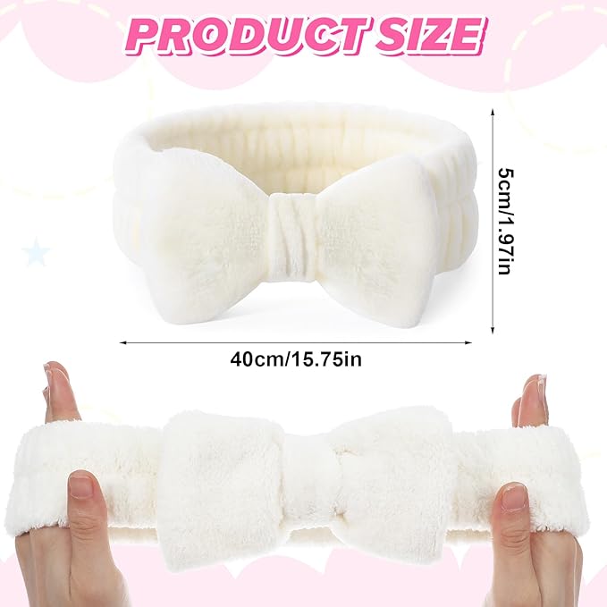 20 Pcs Spa Headband, Fluffy Bow Tie Headband for Washing Face & Makeup, Skincare Headbands for Women Non-slip Coral Fleece Headbands,Gifts for Women and Teen Girl Gifts Trendy Stuff (White)