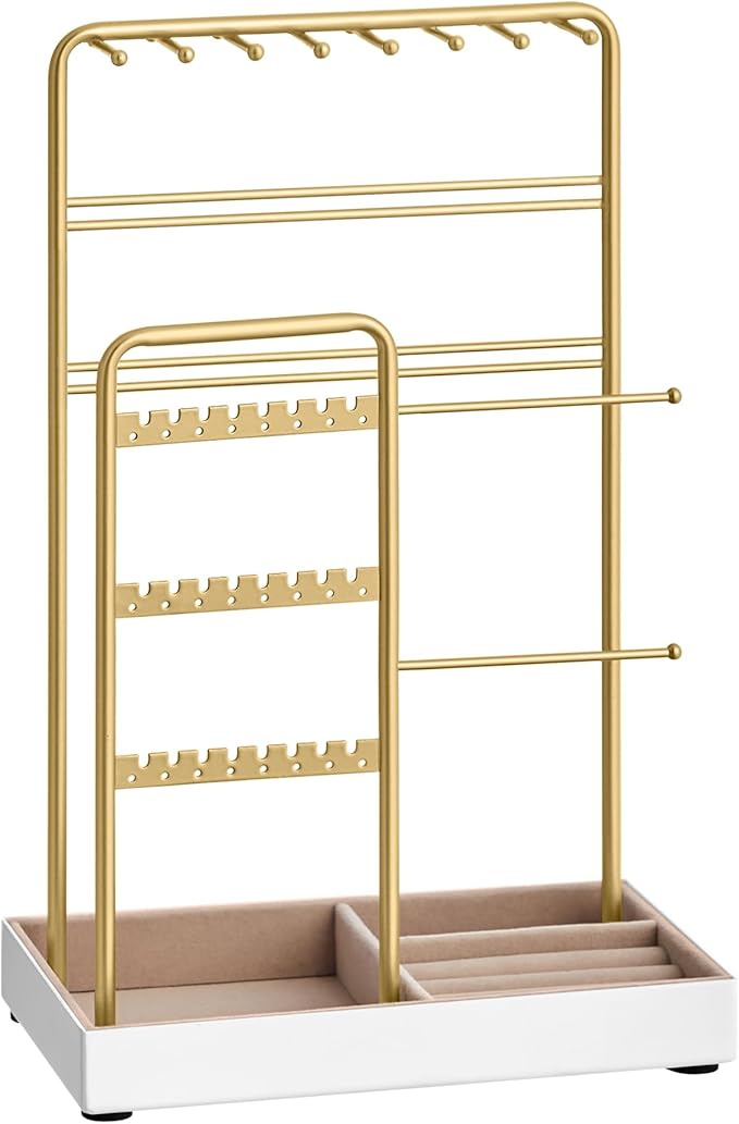 SONGMICS Jewelry Holder, Jewelry Organizer, Jewelry Display Stand with Metal Frame, Velvet Tray, Necklace Earring Bracelet Holder, for Studs, Rings, Gift Idea, Pale Gold UJJS021A01
