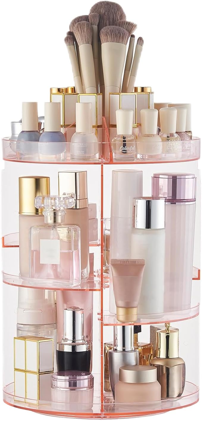 SUNFICON Rotating Makeup Holder Organizer Crystal Pink 360 Rotation Cosmetic Storage Holder Turntable Spin Display Stand Bathroom Bedroom Vanity Dressing Table Gift Girl Lady Women