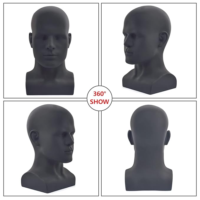 PVC Matte Black Male Mannequin Head Display Head Stand Wig Display Head Model Men Manikin Head Dolls for Display Headset, Headphone, Game Console, Hats, Wigs Jewellery (Matte Black)