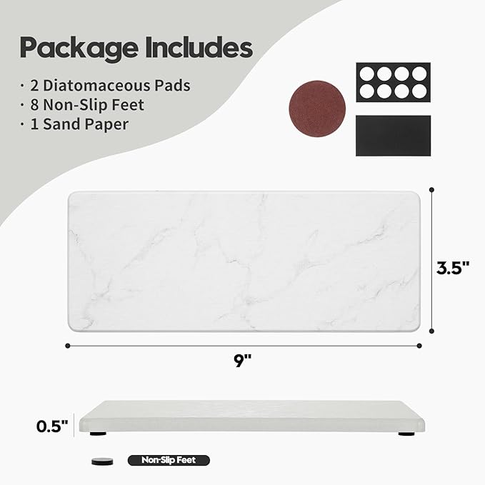2PCS Diatomite Marble Tray Water Absorbing Mat for Kitchen Counter, Stone Drying Vanity Caddy for Bathroom Sink,Faucet Splash Guard,Soap Dispenser Rack Sponge Holder Organizer, White, 9"x3.5"