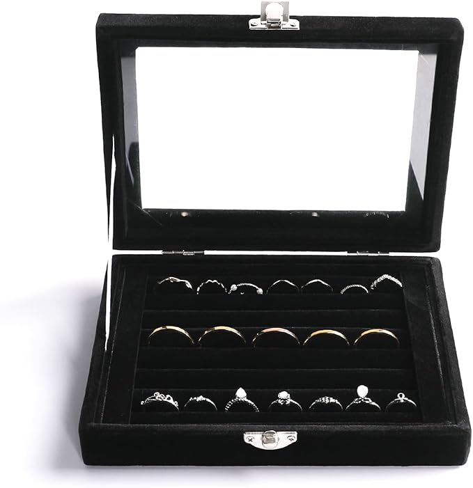 Frebeauty Rings/Earring Organizer Tray with Clear Lid,7 Slots Ring Box Velvet Ring Holder Drawer Insert Jewelry Storage Box Jewelry Display Case Jewelry Box Gift for Women and Girls(Black,7 Slots)