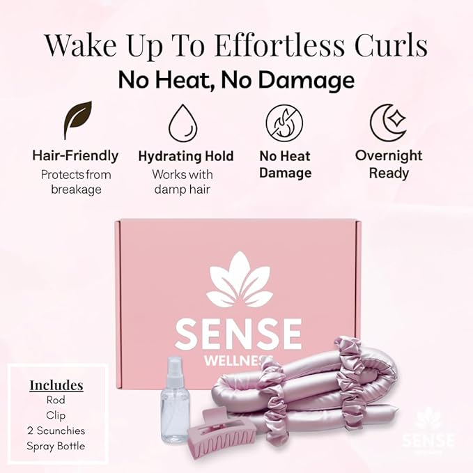 Satin Heatless Curling Kit, 39" Rod – No Heat Overnight Curls for Frizz-Free Waves – Comfortable Set w/ 2 Scrunchies, Claw Clip for All Hair Types (Pink)