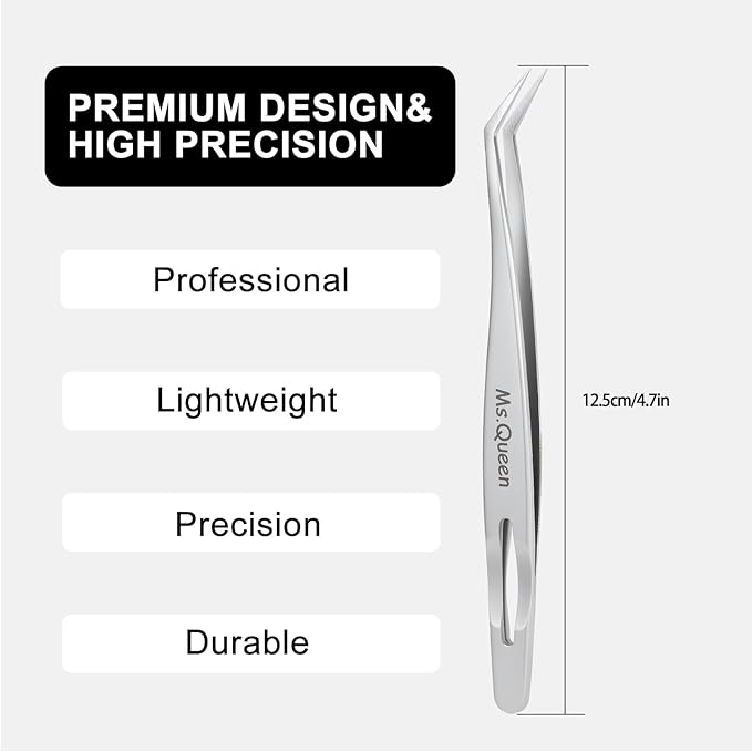 Ms.Queen Lash Tweezers for Lash Extensions,Professional 45 Degree Long Ultra-Firm tip Eyelash Tweezers for Isolation,Volume and Premade Fans Lashing