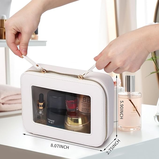 Clear Makeup Bag Set Portable Travel Cosmetic Bag and Toiletry Bag Women's Purse Pouch Cosmetic Stroage Organizer Bag with Zipper Car Essentials (White, M+Mini)