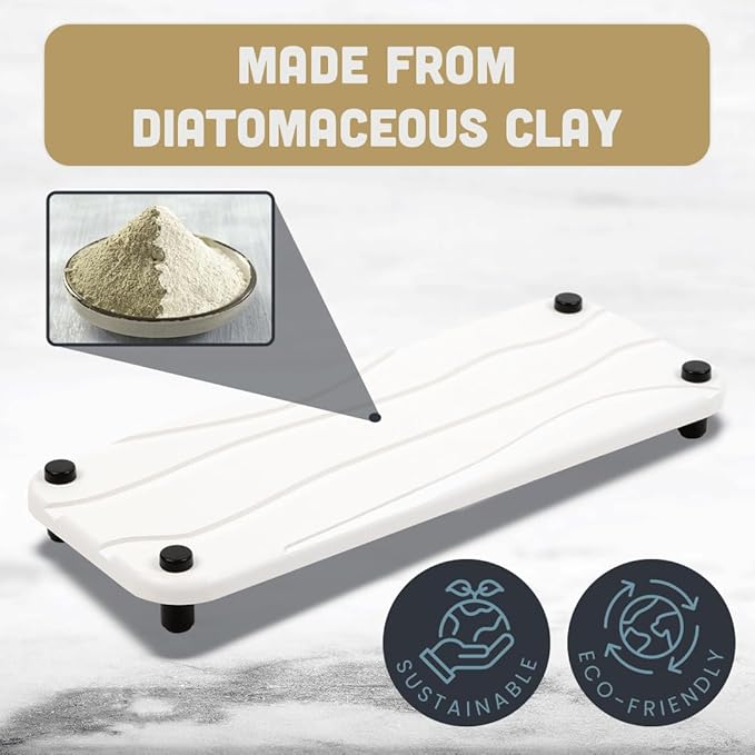 2pc Stone Drying Tray - Diatomite Sink Caddy Kitchen Sink Organizer - Water Absorbing Bathroom Counter Mat - Absorbent Kitchen Soap Tray (White)