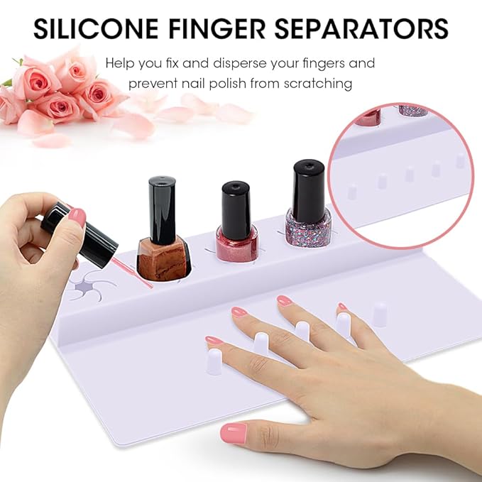 Nail Polish Holder,Silicone Hand Rest Mat Fingernail Painting Tools 2 in 1 Art Accessories Organizer Case Set with Anti-Spill Bottle Stand and Finger Separators for Pedicure Manicure(Purple)