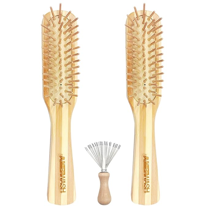 Bamboo Hair Brush with Cleaner Tool For Women Men, Bamboo Bristle Wooden Paddle Detangling Brush Helps Hair Growth, Enhance Shine & Health, Massaging Scalp - 2 Pack