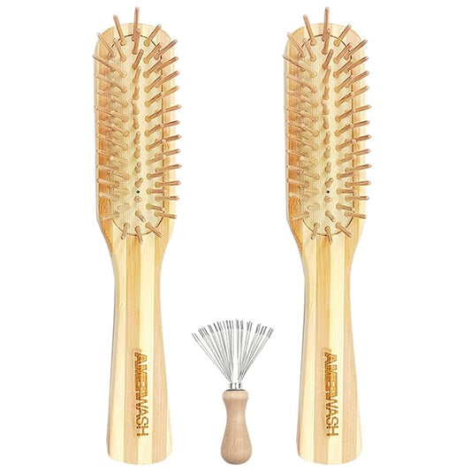 Bamboo Hair Brush with Cleaner Tool For Women Men, Bamboo Bristle Wooden Paddle Detangling Brush Helps Hair Growth, Enhance Shine & Health, Massaging Scalp - 2 Pack