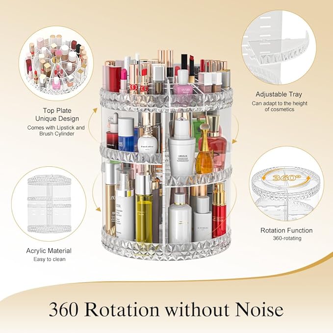 360 Rotating Makeup Organizer, DIY Adjustable Makeup Carousel Spinning Holder Storage Rack, Large Capacity Vanity Organizer Skincare Organizers (Clear)