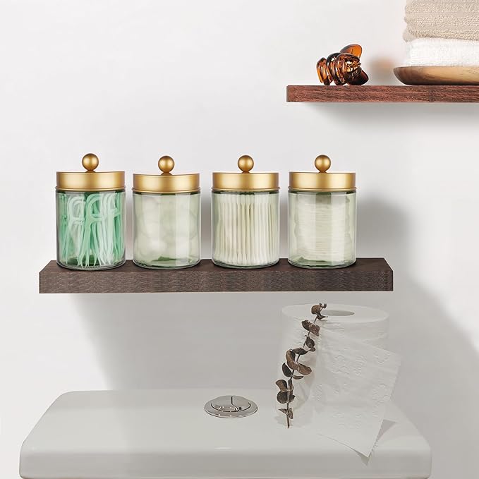 Amolliar Sage Green Qtip Holder, Glass Apothecary Jar Metal Lid & Stickers, Bathroom Qtip Holder Storage Canister, Farmhouse Decor for Cotton Balls, Swabs, Round Pads, Bath Salt, Floss, Gold 2 Pack
