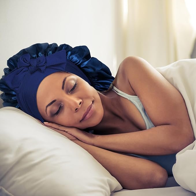 Arqumi 2 Pcs Satin Silk Bonnet for Sleeping Women, Large Long Strap Tie Band Adjustable Sleep Night Cap Hair Bonnet Wrap for Men, Black+Navy Blue