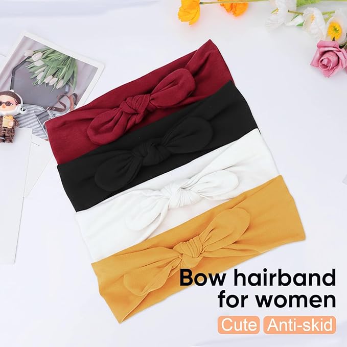 DRESHOW 4 Pack Headbands for Women Bow Knotted Hair Band Facial Cloth Rabbit Ears Running Sport Elastic Hair Wrap