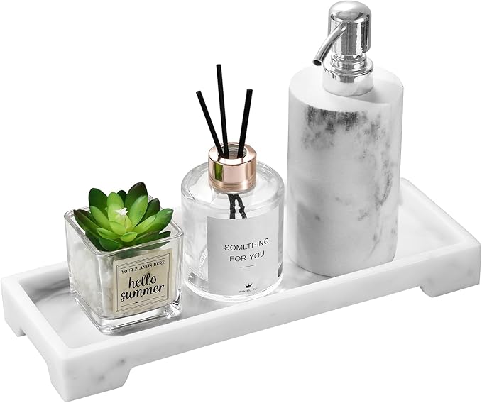 Luxspire Bathroom Vanity Tray, Resin Toilet Tank Tray, Kitchen Trays, 11" x 4" Rectangle Bathroom Tray for Counter, Marble Tray for Soap Dispenser Perfume Jewelry, Small, White Marble