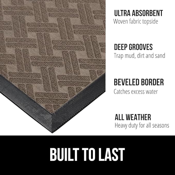 GORILLA GRIP 100% Waterproof All-Season WeatherMAX Doormat, 47x35, US Designed Natural Rubber, Stain and Fade Resistant, Low Profile Indoor Outdoor Door Mats, Easy Clean Patio Mat, Taupe Basket Weave