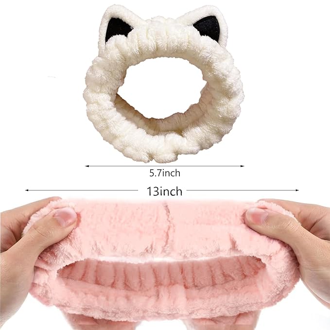 2 Pcs Cat Ears Headband, Cute Spa Headbands for Washing Face Skincare Makeup Headbands for Women Girls Trendy Stuff Present Soft Coral Fleece Hair Accessories(Pink Beige)