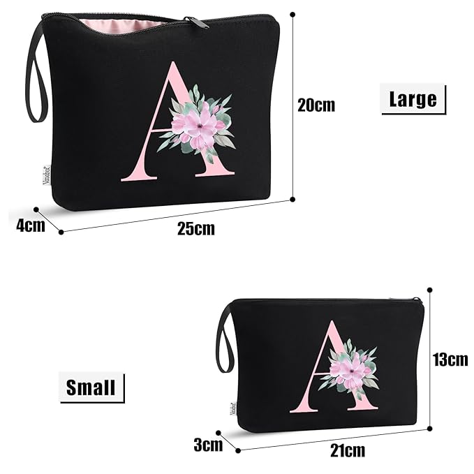 Vavabox A-Z Personalized Makeup Bag, Birthday Gifts for Women Mom, Gifts for Best Friend, Bride Bridesmaid Cosmetic bag (H, 04-Black Set)