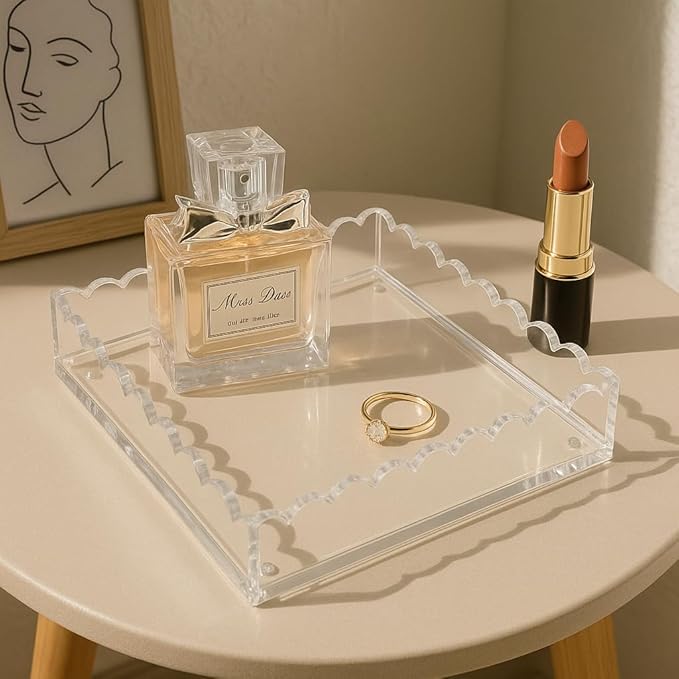 Acrylic Tray with Ultra-Strong Magnetic Mat- 7.9×7.9 Customizable Serving & Display Tray, Clear Scalloped Vanity Jewelry Organizer, Picture Frame Bathroom Tray Decor, Unique Gift for Women Girls