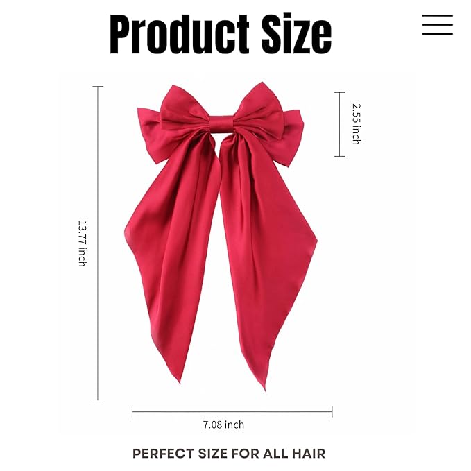 2PCS Big Hair Bow Clips for Women Girls – Red Satin Ribbon Bow Barrettes with Long Tails, Large Hair Accessories for Ponytail, Holiday, Party & Date Night
