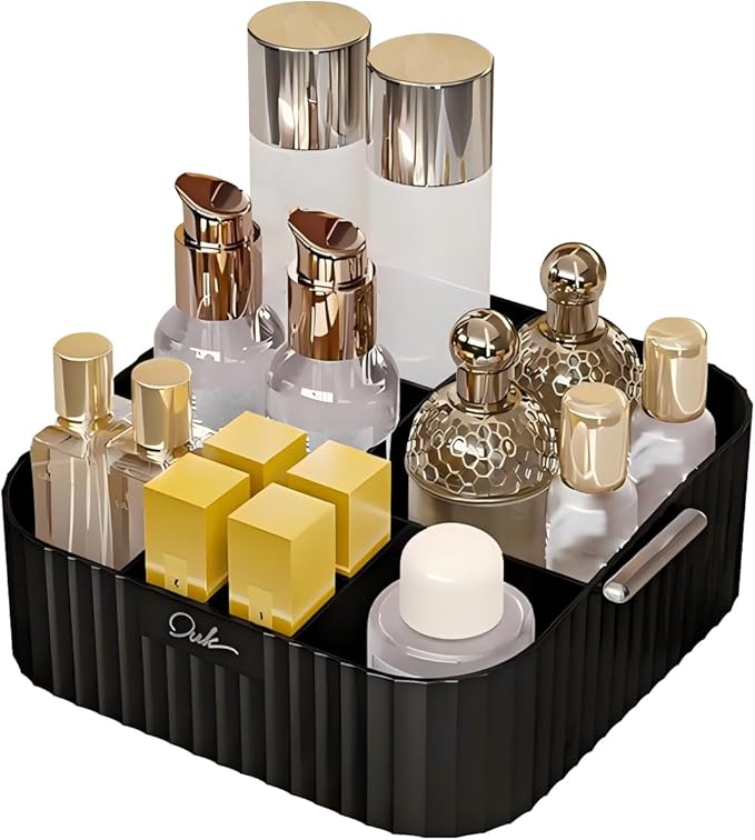 DASITON Acrylic Makeup Organizer,9 Slots Makeup Brush Holder,Makeup Storage with Handle,Vintage Striped Cosmetic Organizer for Desk Storage Container,Vanity,Bathroom(Black)