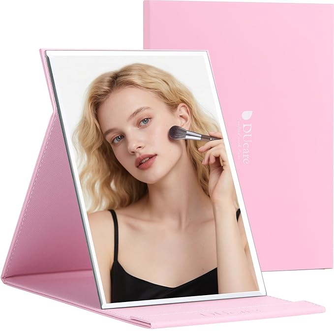 DUcare Folding Mirror Portable Travel PU Portable Adjustable Rectangular Ultrathin Vanity Mirror with Stand Pink