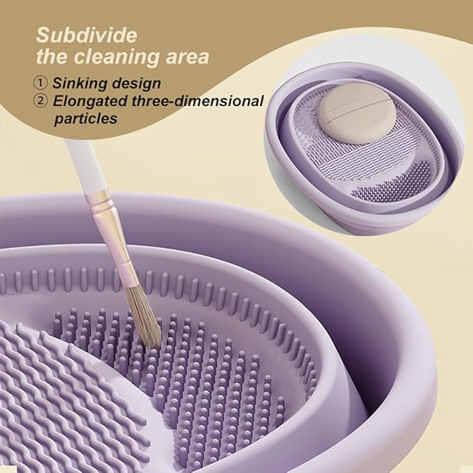 Foldable silicone makeup brush cleaning bowl, makeup tool cleaning bowl, makeup brush cleaning tool storage and drying rack(purple) (khaki)