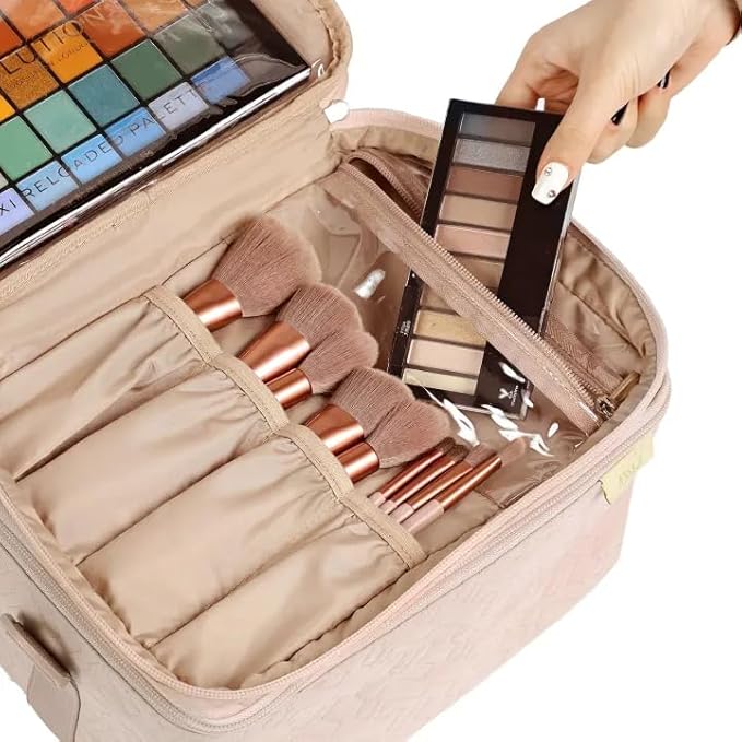 NISHEL Extra Large Double Layer Travel Makeup Bag Women, Cosmetic Organizer Case, Essentials Accessories with Shoulder Strap for Bottles, Brushes, Conditioner, Skin Care Products, Pink