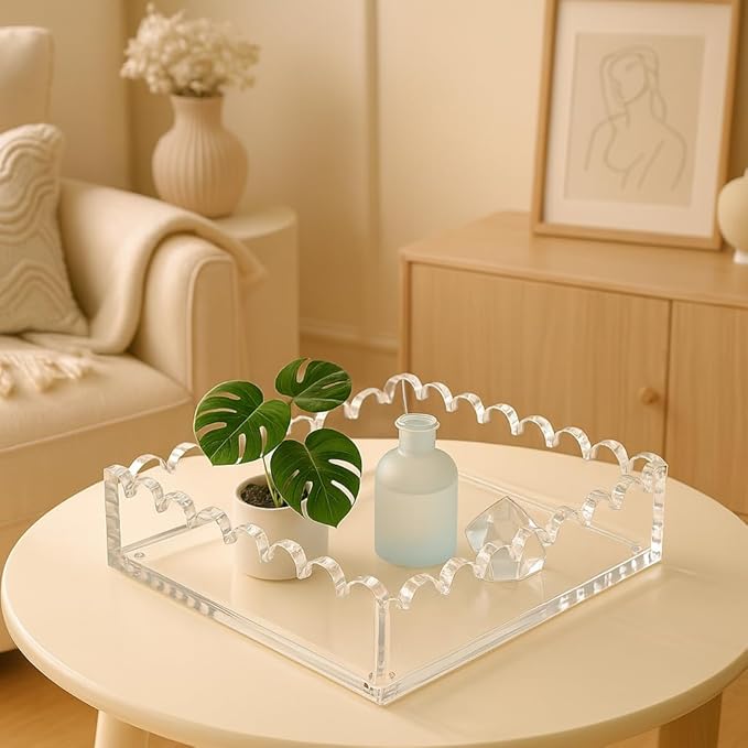 Acrylic Tray with Ultra-Strong Magnetic Mat- 7.9×7.9 Customizable Serving & Display Tray, Clear Scalloped Vanity Jewelry Organizer, Picture Frame Bathroom Tray Decor, Unique Gift for Women Girls