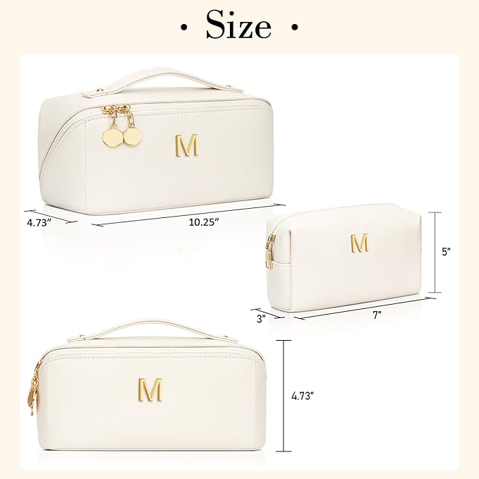 Birthday Gifts for Women Teen Girl, Personalized Initial Makeup Organizer Bag Set, Open Flat Travel Cosmetic Bag With Clear Divider and Handle(Large-Beige,M)