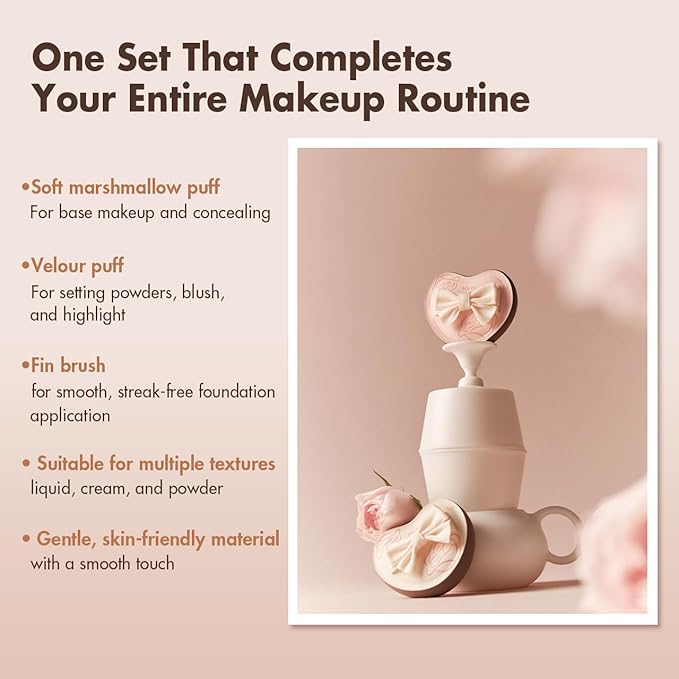 Rose Series Makeup Sponge & Brush Set, 13-Piece Beauty Puffs Kit with Beauty Pouch, High-Density Rubycell & Velour Puffs for Foundation, Concealer, Powder