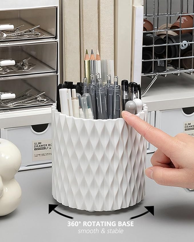 Rotating Pen Holder for Desk, 5 Slots Unique Blue Desk Pen Organizer Easthetic Desktop Supplies and Accessories for Women Girls, Pencil Cup Caddy for Office Home Art Supply