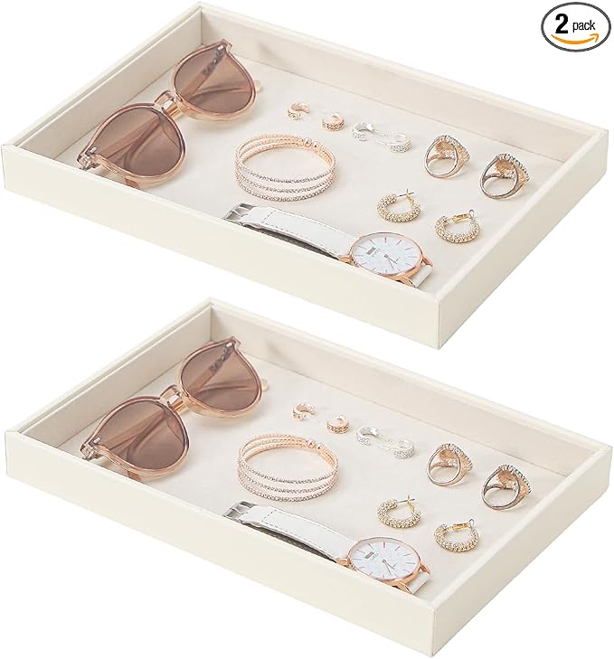 Ausalivan Stackable Jewelry Organizer Tray For Drawers,White Leather Small Earring Storage Tray,Bracelet And Necklace Display Box,Jewelry Ring Display Case (Creamy White Blank Trays)