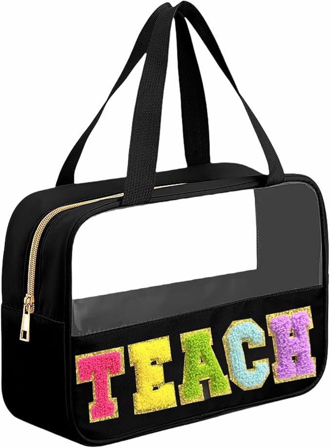 Teacher Appreciation Gifts, Chenille Letter Teacher Tote Bag with Handle and Zipper, Waterproof Nylon Portable Makeup Toiletry Bag