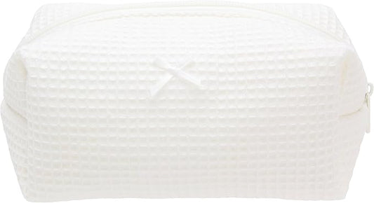 PAZIMIIK Cozy Makeup Bag Travel Cosmetic Bag for Women Soft Toiletry Bag Aesthetic Makeup Organizer Portable Large Zipper Pouch for Skincare Beauty Accessories Brushes Waffle Check Cream White